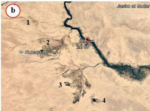 Figure 5: a) The eternal fire, NW of Kirkuk city, b) Bitumen and gas emissions in Hit town (The black patches at 1, 2, 3 and 4).
