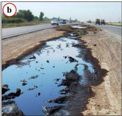 Figure 8: a) Tanks yard, degassing station and gas burning in the southern part of Iraq, b) Spilling of oil from a broken pipeline.