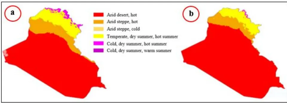 Figure 12: Current/past Köppen climate classification map for Iraq, a) for 1980-2016, b) for 2071 - 2100 (After USAID 2017).
