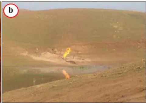 Figure 13: Absence of awareness in the people, a) Two persons in a local market in Baghdad during a dust storm, b) Burning of gas in a drilled water well.