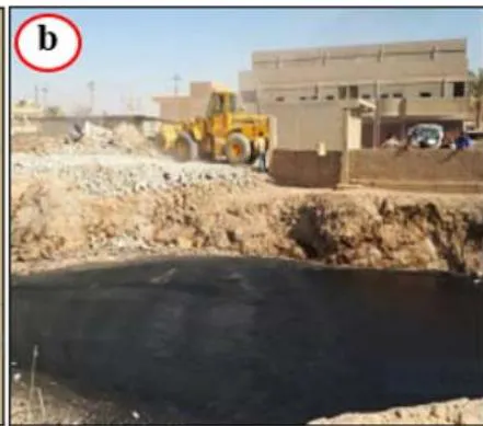 Figure 15: a) Five cement plants in Bazian district, b) Constructed houses near a bitumen seepage in Hit town.