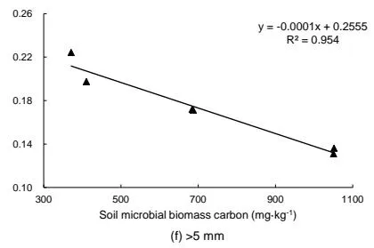Fig. 5: The relationship between Cmic and qCO2 among different aggregate sizes