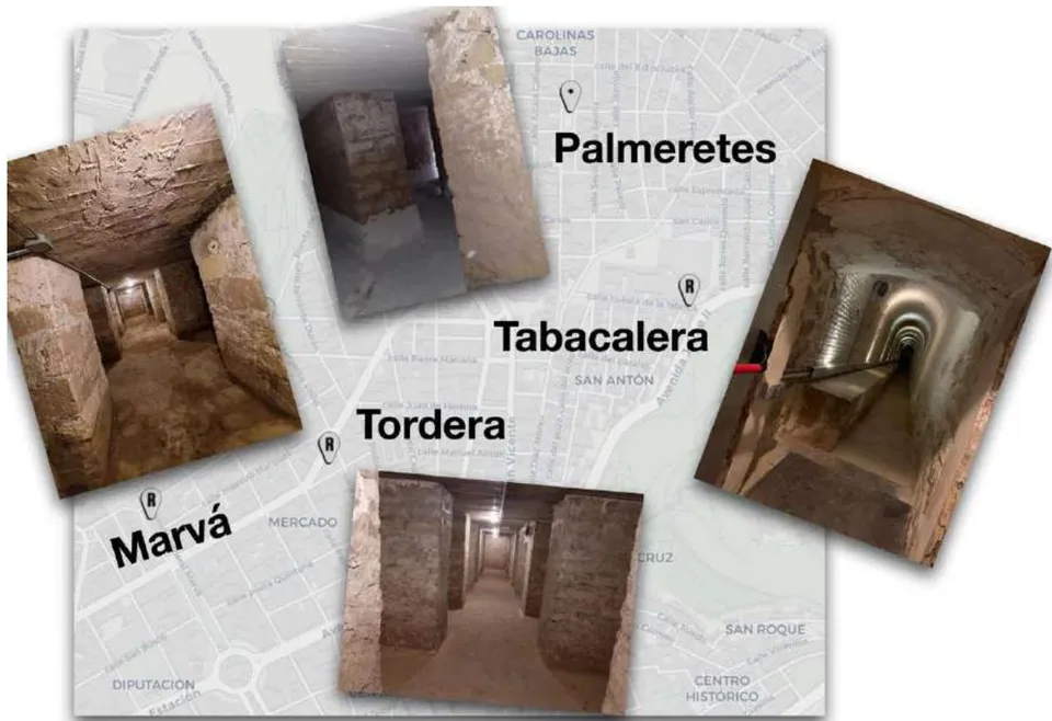 Figure 1: DUSI area of the city of Alicante with the Civil War air-raid shelters that have been restored in the project.