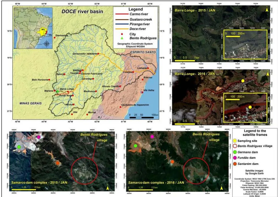 Figure 1: Upper left: the geographical context of the Doce River basin. The two pictures at the right show the sampling site in Barra Longa (just before the dam rupture, in 2015, and several months after, in 2016). The bottom pictures show the Samarco dam complex and the Bento Rodrigues county (also, in 2015 and in 2016).