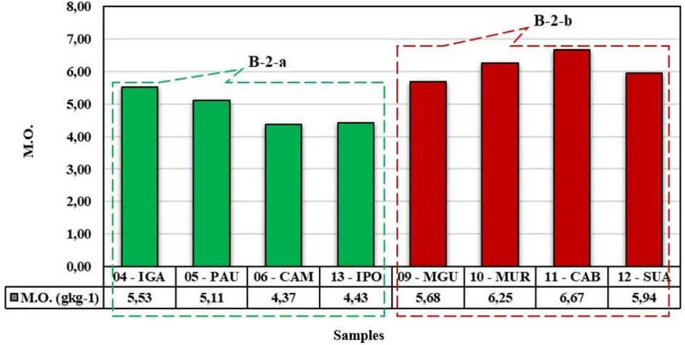 Figure 6: Division of groups B-2-a and B-2-b considering the organic matter content of the soils of this research