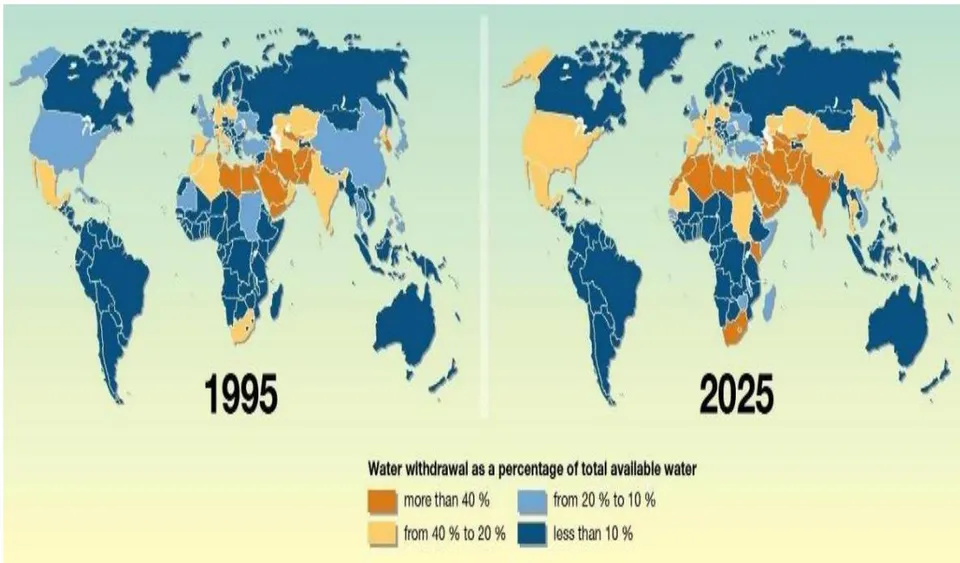 Figure 2: (A): The fresh water availability cubic meters per person per year. (Source: EL-Ashry et al., 2010). (B): The worldwide water stress change from the year 1995 to 2025. (Source: ecomena.org).