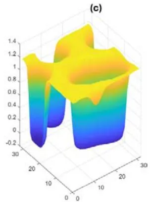 Fig. 4: Learning and pattern recovery of the field solution that integrates machine learning with physics models. (a) Mesoscopic pattern with added noise (b) Original mesoscopic pattern (c) Recovered mesoscopic pattern from field solution that integrates machine learning with physics models; two samples are used to infer the interacting parameter