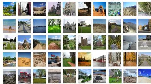 Figure 4: Example images from each one of the 100 classes that comprise the mixed dataset. The 50 relevant images include a variety of different vehicles, humans and weapons while the 50 irrelevant include buildings and outdoor scenery.