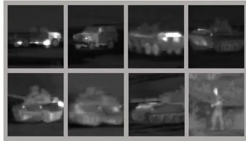 Figure 3: The manually created infrared (IR) dataset using video snapshots from the ATR database consists of eight classes, seven of them are civilian and combat vehicles and the last one is a human class.