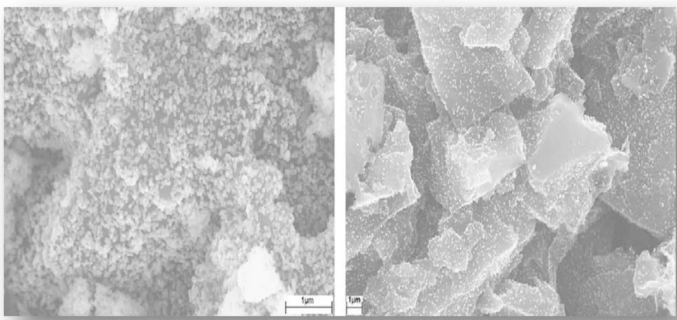 Fig. 2.13: Distribution of hematite nanoparticles deposited (a) on the surface and (b) in the interior of activated carbonpellets by supercritical water[54].