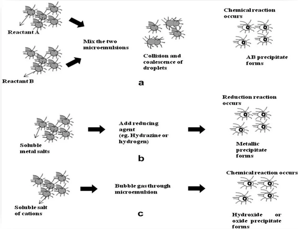 Fig. 2.12: Nanoparticle synthesis in microemulsions (a) by mixing two microemulsions, (b) using a reducing agent, and (c) by passing gas through the microemulsion [48]