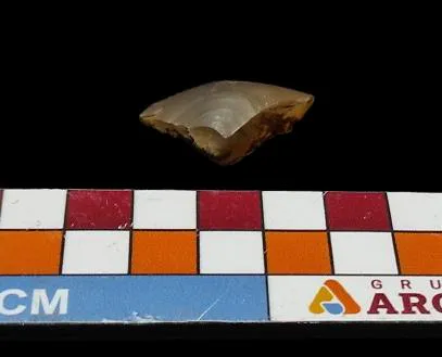 Material lítico: Nº do tombo: 05. Largura: 1,9cm. Comprimento:1cm. Espessura: 30 cm. Peso 5 g.