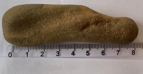 Material lítico. Comprimento: 8cm. Largura: 2cm. Espessura: 1,4cm. Peso: 63g.