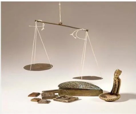 Figure 4: A scale, "Nsania", a decorative brass spoon, "famfa" and other Akan Gold-weights. Image size: 544 × 613