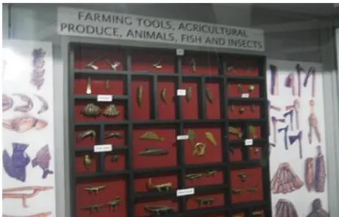 Figure 12: Akan gold-weights exhibited to depict farm tools of Akans (their way of life), 2016. Institute of African Studies, University of Ghana, Legon. Image by the researcher