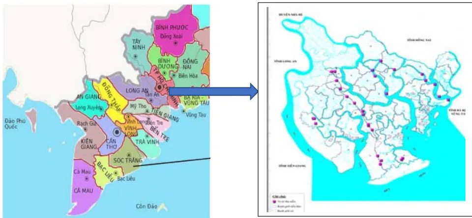 Figure 1: HoChiMinh city and Can Gio district with sample collection sites in Can Gio mangrove forests of HCMC, Vietnam (red dot: sites to collect samples)