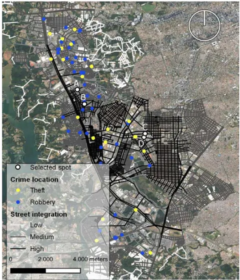 Figure 2: Classification Map of the Macroscale Variable - Street Integration[^1] - in the Cidade Industrial de Curitiba (CIC) Neighborhood and Vicinities, with Theft and Robbery Locations