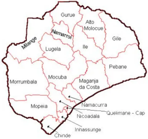 Figure 1: Districts of Zambezia selected for prior study: Quelimane, Namacurra, Morrumbala, Lugela and Pebane. Source: https://www.rm.co.mz/wp-content/uploads/2021/02/bcea33a3ae6fb784fd70ad232843b527.jpg