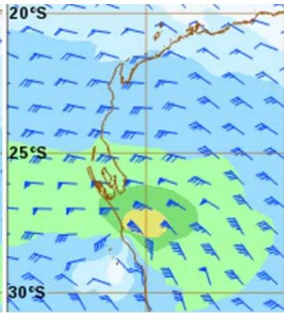 Figure 8: Winds at 1200UTC 11 April 2021 in left frame has 850hPa winds, centre frame 700hPa winds with red dots where the winds turned anticyclonic from 850hPa through 700hPa up to 500hPa and right frame 500hPa winds