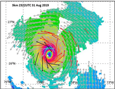 Figure 20: 3000metre elevation winds from Doppler Radar700hPa winds for 2322UTC 31 August 2019 where red arrows are the wind plots where the winds turned anticyclonically coherently from 1km elevation through 3km elevation up to 5km elevation. Similarly, the black plots are where the winds turned cyclonically