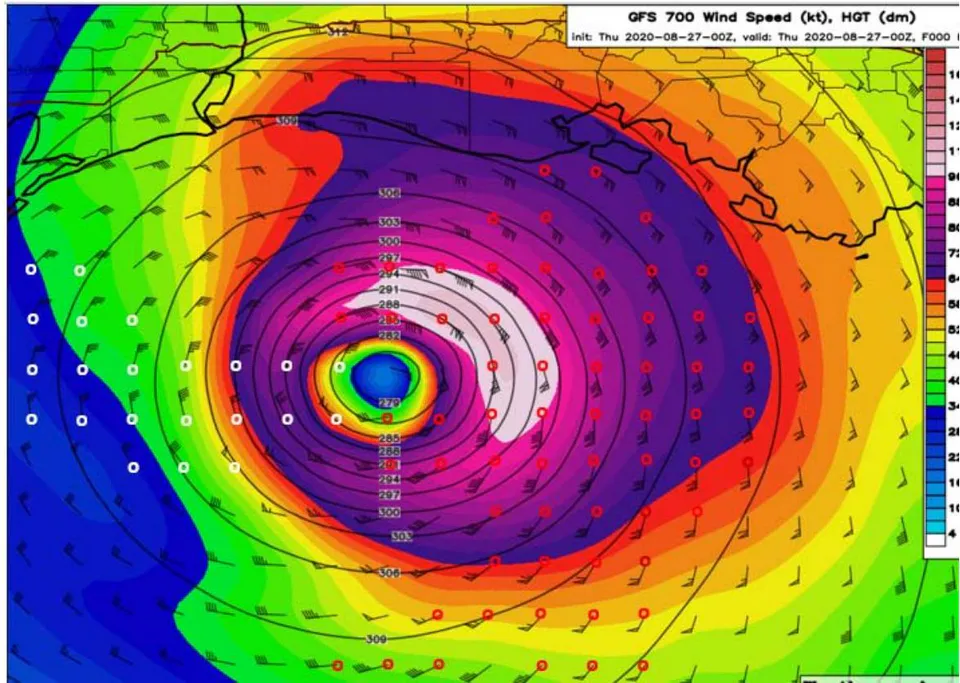 Figure 22: 700hPa winds at 0000UTC 27 August 2020 with red circle denoting where winds turn anti-cyclonically from 850hPa through 700hPa to 500hPa and white circles denote these winds turning cyclonically
