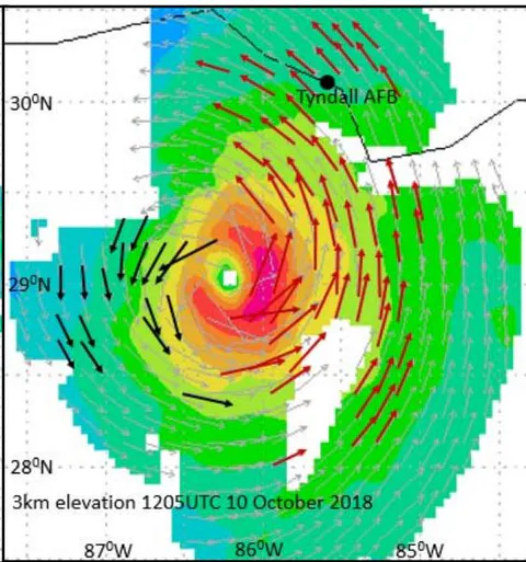 Figure 18: Horizontal plots of a composite two real time Doppler radar analyses for Hurricane Michael at 3km elevation at 2335UTC 9 October 2018 (left) and 1205UTC 10 October 2018 (right). Red wind plots denote ascent (wind directions turning in an anticyclonic direction from 1km to 3km to 5km) and black plots indicate descent (wind directions turning in a cyclonic direction from 1km to 3km to 5km.) The large wind plots in the left frame are from dropsondes and those marked with a bold red circle denote ascent (anticyclonic turning) and those with a bold black circle denote descent (cyclonic turning)