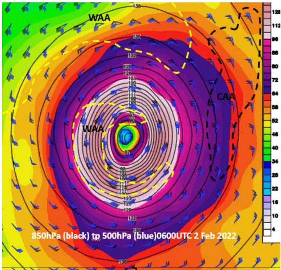 Figure 1: GOES 850hPa wind analysis (black plots) 500hPa analysis blue plots with yellow dashed line highlighting where 850hPa winds turned anticyclonic rising to 500hPa (WAA) and where they turned cyclonic highlighted by black dashed line (CAA) for 0600UTC 2 February 2022.