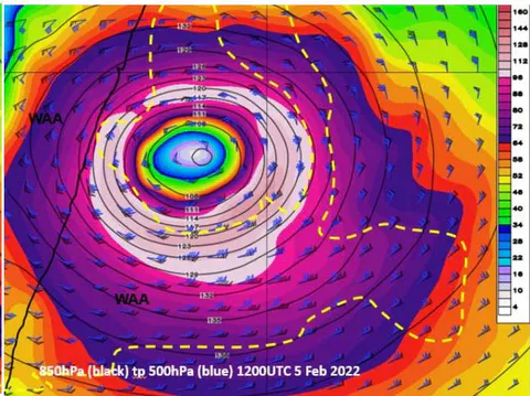 Figure 4: GOES 850hPa wind analysis (black plots) 500hPa analysis blue plots with yellow dashed line highlighting where 850hPa winds turned anticyclonic rising to 500hPa (WAA) and where they turned cyclonic highlighted by black dashed line (CAA) for 0000UTC 5 February 2022 (left frame) and 1200UTC 5 February (right frame).