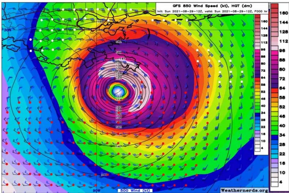 Figure 24: GFS850hPa (black plots) and 500hPa (blue plots) wind analyses 1200UTC 29 August 2021. Red circles are the wind plots where the winds turned anticyclonically from 850hPa up to 500hPa. Similarly, the white circles are where the winds turned cyclonically