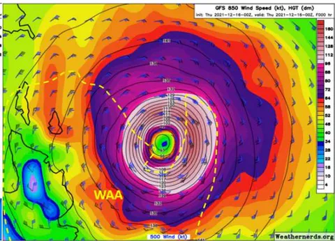 Figure 12: GOES 850hPa wind analysis (black plots) 500hPa analysis blue plots with yellow dashed line highlighting where 850hPa winds turned anticyclonic rising to 500hPa (WAA) and where they turned cyclonic highlighted by black dashed line (CAA) for 1200UTC 15 December 2021 (left frame) and 0000UTC 16 December 2021 (right frame)