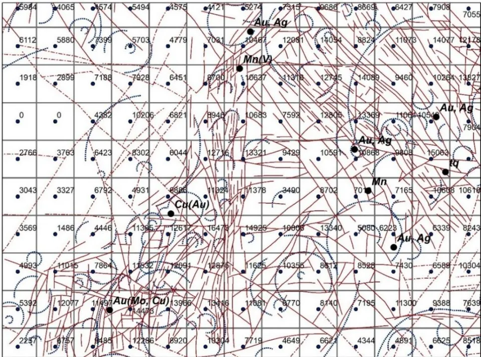 Fig. 4: Faults density field (degree of tectonic fragmentations and Diagram of belonging of ore minerals to tectonic fragmentation zones with approximation curve. Aktau intrusive, Sultanuvais mountains, Uzbekistan