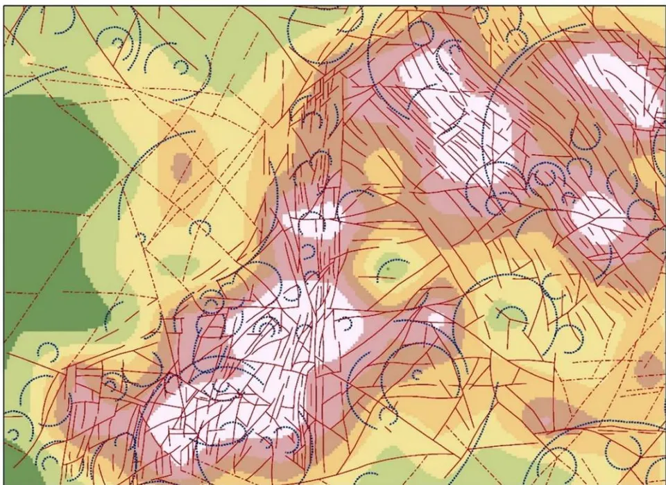 Fig. 6: Diagram of belonging of ore minerals to tectonic fragmentation zones (with approximation curve). Bukantau mountains, Uzbekistan