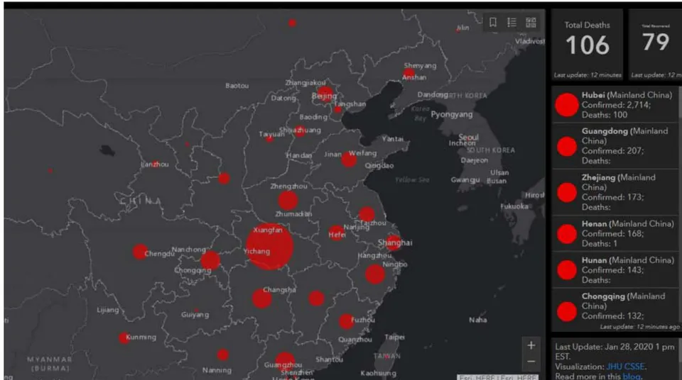 Figure 19: Wuhan coronavirus distribution map in China, John Hopkins University's Center for System, Science and Engineering (CSSE) (Feb. 2020)