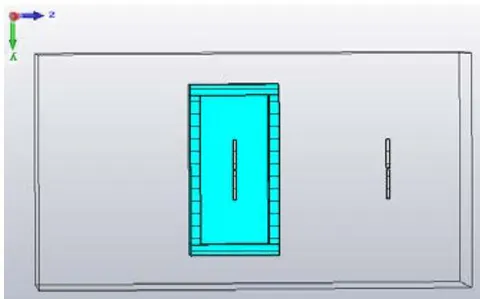 Fig. 4: Cross sectional view of a rectangular box shaped cloak, along with dipole antennas. Interior dimensions: sides 12 cm × 12 cm; top, bottom 6 cm × 6 cm; thickness 1.3 cm.