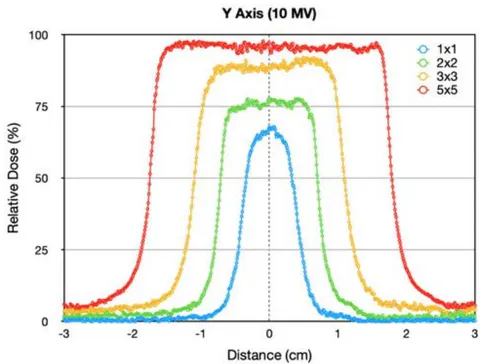 Figure 9: Relative absorbed dose variations for different field sizes measured on the Y axis at 1 cm depth, in the solid water simulator irradiated with a 10 MV photon beam