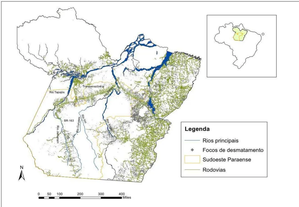 Figura 1: Sudoeste Paraense: frentes de expansão agropecuária e do desmatamento Fonte: elaborado pelo primeiro autor, a partir de dados do Macro ZEE da Amazônia Legal (MMA, 2010).