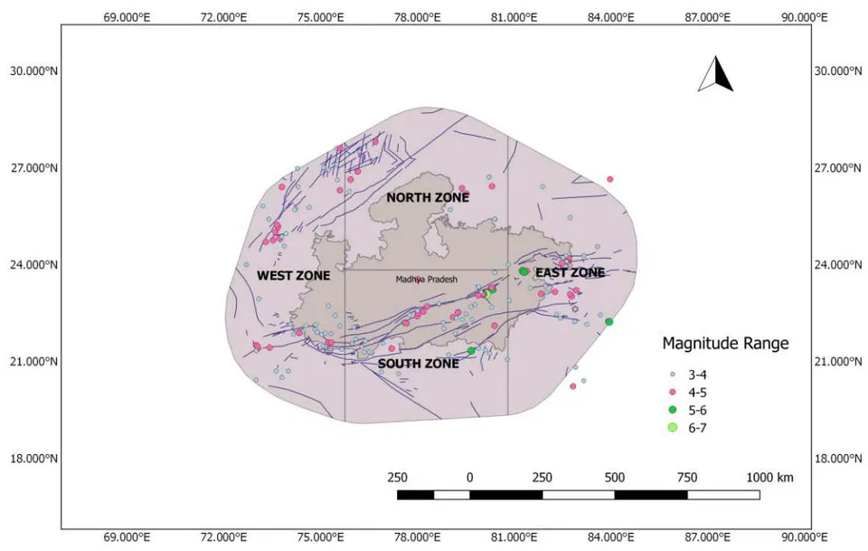 Figure 1: Figure highlights various zones within the study region, classified based on of shared clusters of seismogenic features such as faults and historical seismicity