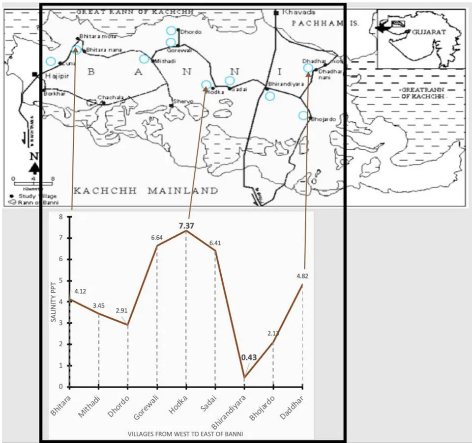 Figure 5: Banni spatial Salinity variation (year 2003) 0.43-7.37ppt.