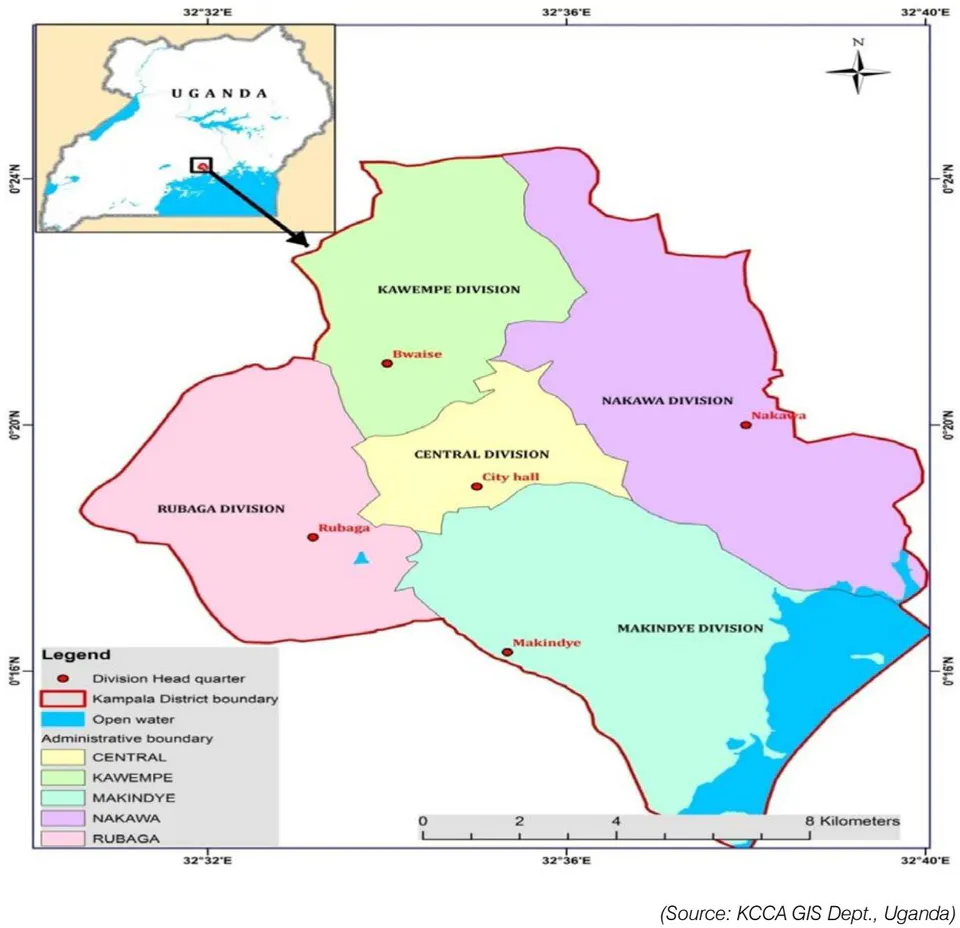 Fig. 1: Administrative map of Kampala City showing the study areas