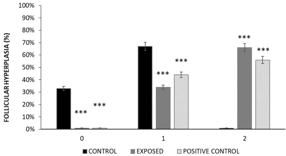 Figure 4: Percentage of follicular hyperplasia degrees (0, 1, 2) in each experimental group during stage 58NF.