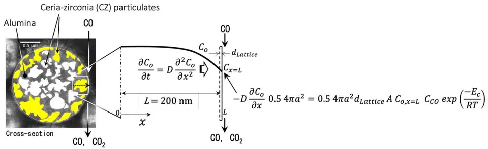 Fig. 9: Schematic image of diffusion-controlled CO oxidation in a three-way catalyst particle membrane model