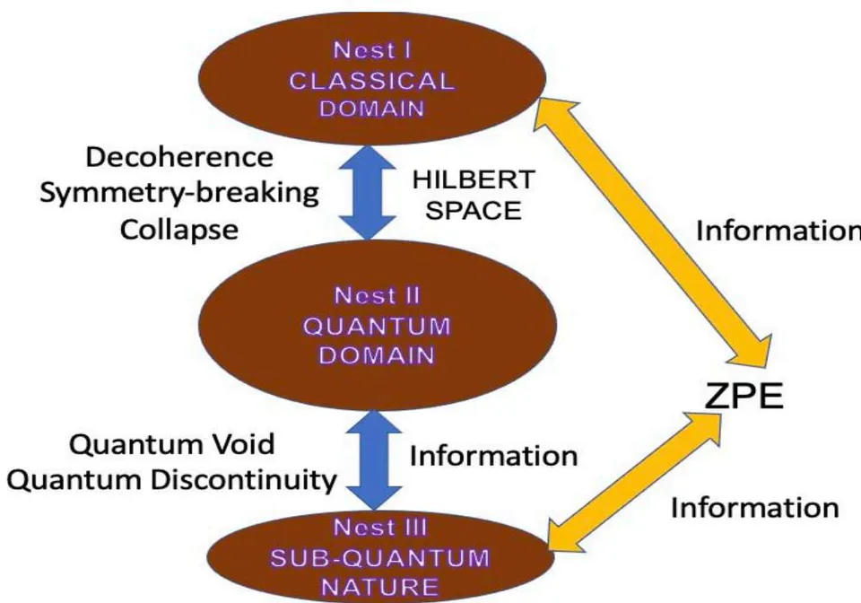 Fig. 2: Shows the communication between nest I (classical domain), nest II (quantum domain), and nest III (pre-quantum domain) of nature. Communication between the nest III and nest II happens through the quantum void and the quantum discontinuity, and between the nest III and nest I through ZPE When the connectivity is diffuse, e.g. neutrino-shower, one can expect communication through the quantum void. Supracortico-cortical communication in the context of the brain is most likely through quantum void. However, when the connectivity is specific and focussed, one can start speculating that it has been happening through ZPE. One finds the shortest route to the Essence of the Multiversity through ZPE. The ZPE is where the system psychology converges with the systems physics, and the systems biology with the systems cosmology.