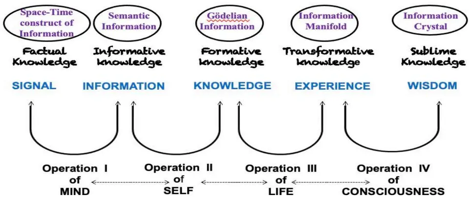 Fig. 6: The hierarchy of signal, information, knowledge, experience and wisdom is shown in the ladder of cognition. Four successive operations by mind, self, life and consciousness are also indicated