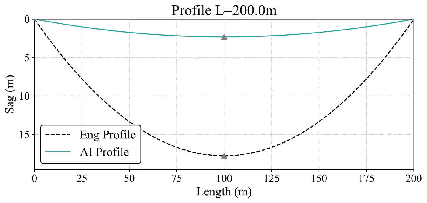 AI vs analytical sag results for 200 m span showing limited training data