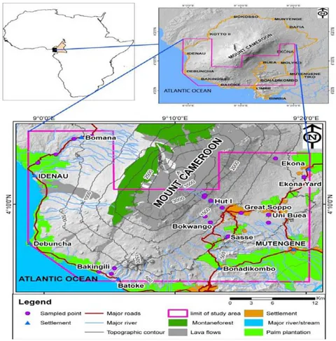 Fig. 1: Topographic features of Mt. Cameroon and location of sampling sites mentioned in the text.