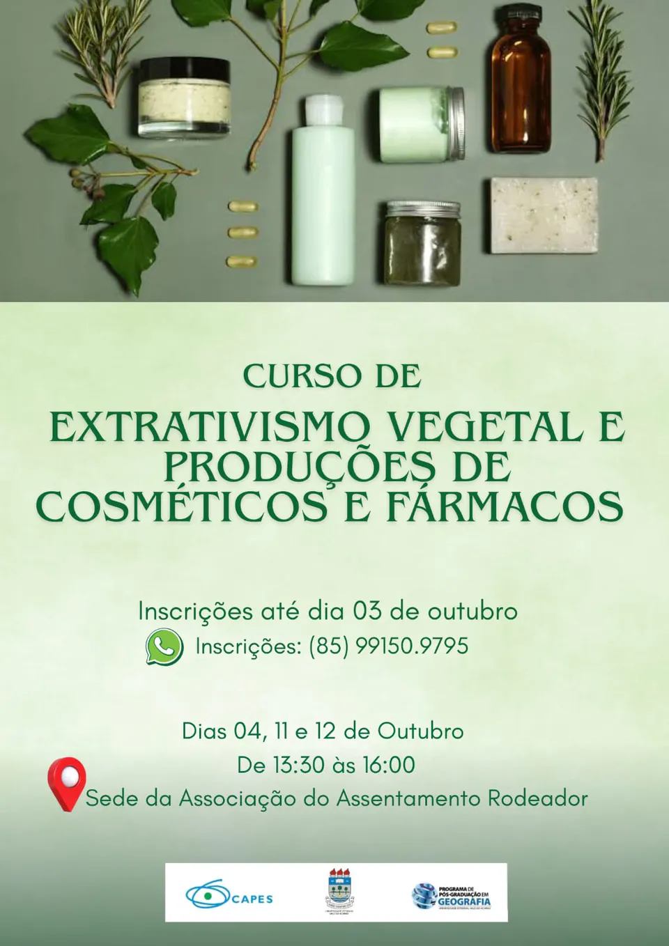 Promotional poster for the plant extraction, cosmetics, and pharmaceuticals course featuring herbal bottles and soaps.