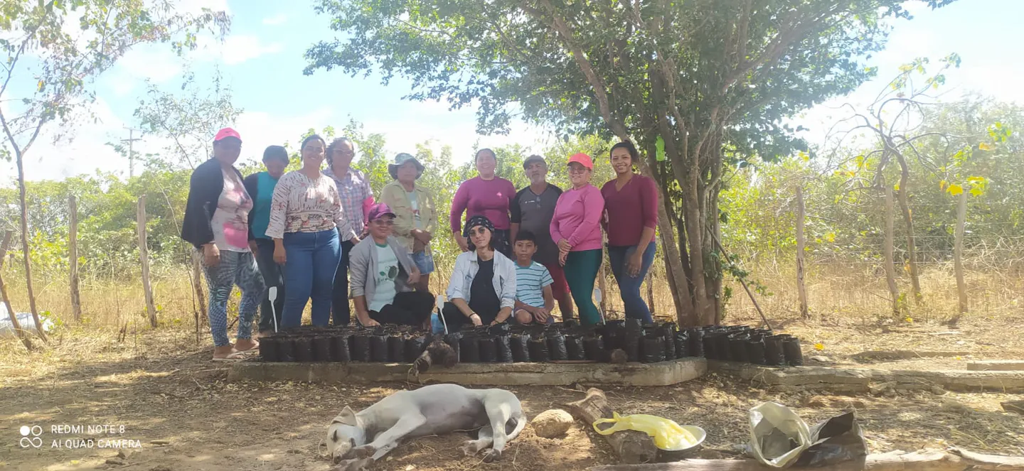 Group portrait of participants and instructors assembled behind the planted seedling bed at course completion.