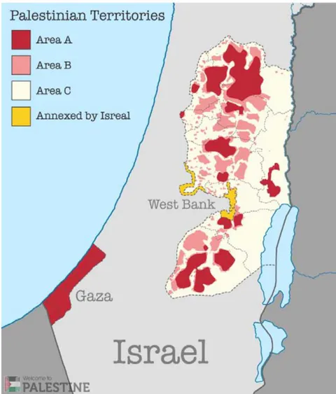 Figure 2: Area ABC in the West Bank. Ref (https://www.welcometopalestine.com/article/areas-a-b-c-explained-west-bank-israel-gaza-palestine/)