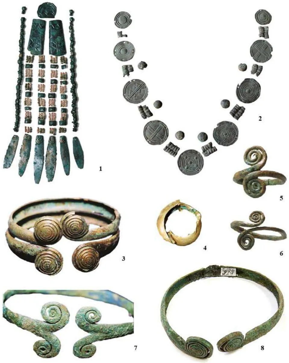 Fig. 6: Bronze Age woman ornaments, Stepnoye VII cemetery: 1 – braid ornament; 2 – face pendant; 3, 7-8 – bracelets; 4 – twisted golden pendant; 5-6 – rings