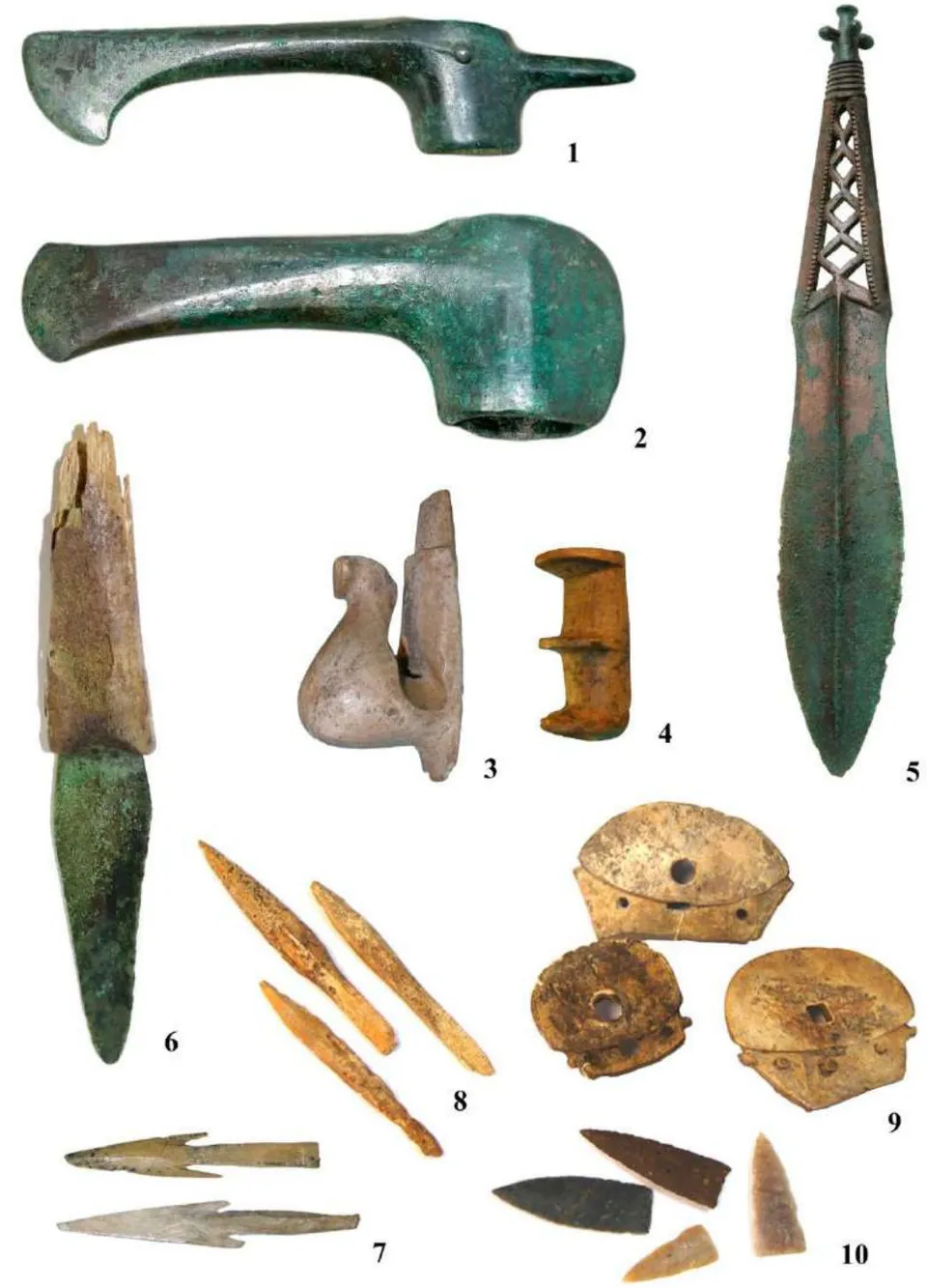 Fig. 5: Burial items: 1-2 - axes; 3-4 - parts of a complex bow; 5-6 - daggers; 7-8 - bones arrowheads; 9 - cheek-pieces; 10 - stone arrowheads (1-2, 5 - Stepnoye VII cemetery; 3-4, 6-10 - Stepnoye 1 cemetery)